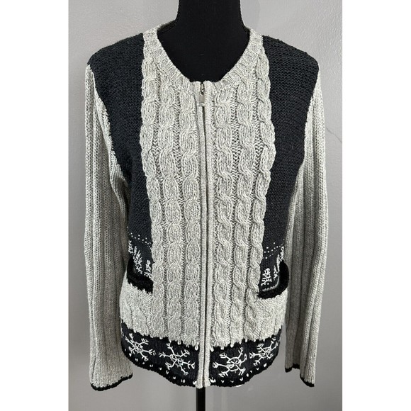 Liz Claiborne Full Zip Cardigan Cable Knit Sweater Snowflake Women's M Cardigan - Picture 1 of 8